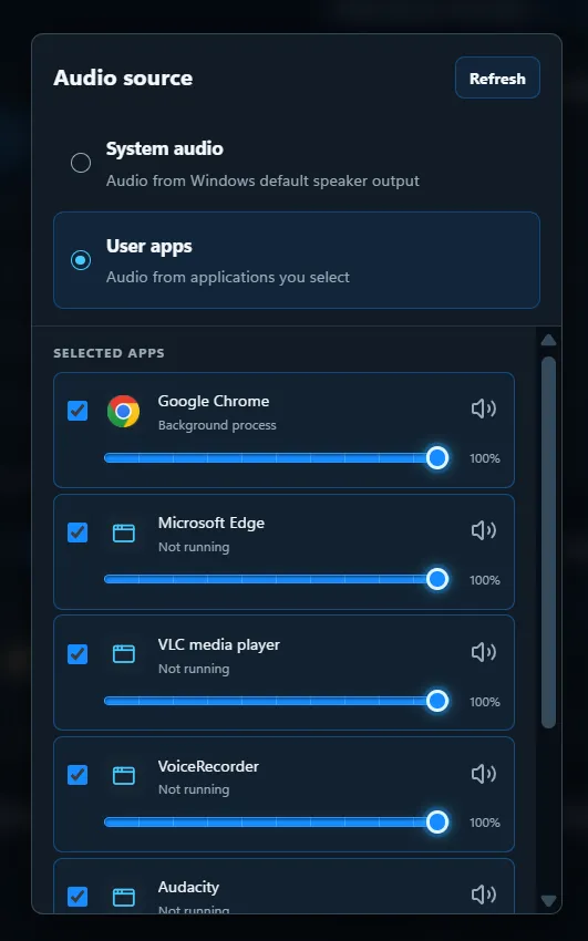 Audio source panel with User apps enabled and checked applications in Selected Apps, including Google Chrome, Microsoft Edge, and VLC media player.